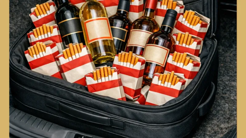 Automobilio bagažinėje lagaminas su cigaretėmis ir alkoholio buteliais